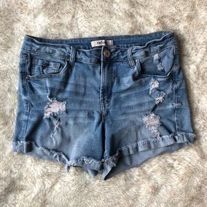 High waisted medium wash distressed jean shorts